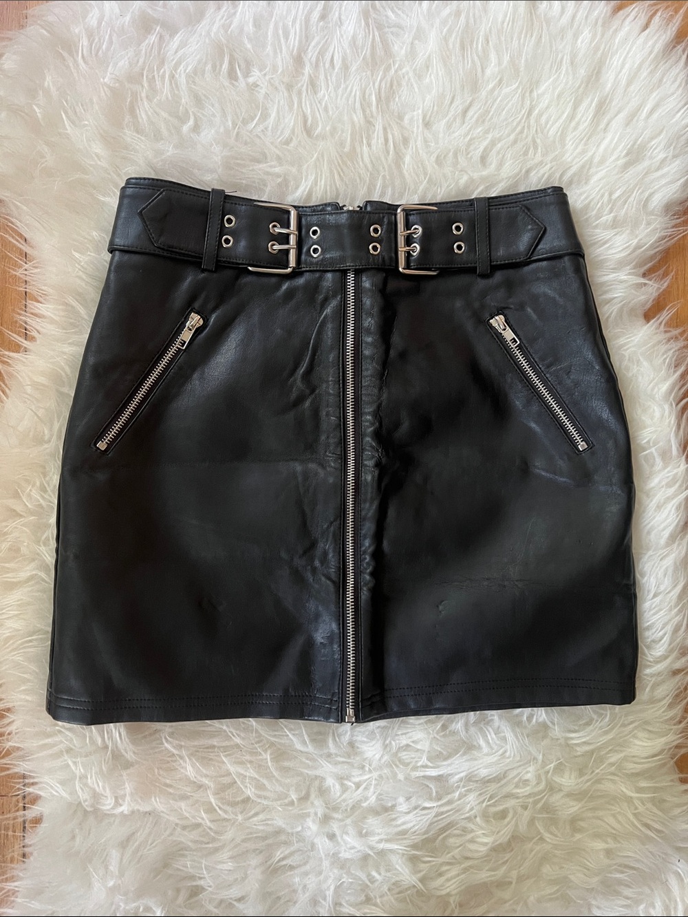 Black Faux Leather Zip-Front Mini Skirt with Belted Waist